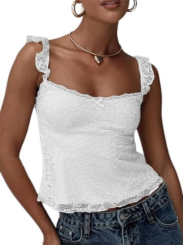 SANSIWU Women's Lace Floral Surface Fly Sleeve Cami Tops Sexy Sleeveless Open Back Tank Vest Summer Y2k Slim Fit Low Cut Camisole (A-White, S)