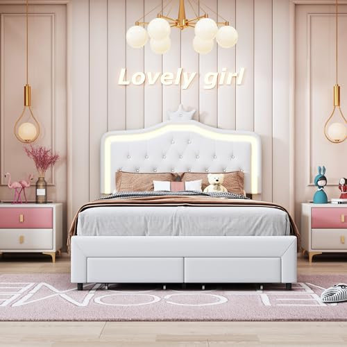 Kinderbett Polsterbett,Polsterbett 140x200 cm für Kinder Gepolstertes Bett für Kinder Prinzessinnenkrone mit LED Einzelbett mit Kopfteil und Lattenrost Jugendbett für Mädchen mit Schublade (Weiß+PU