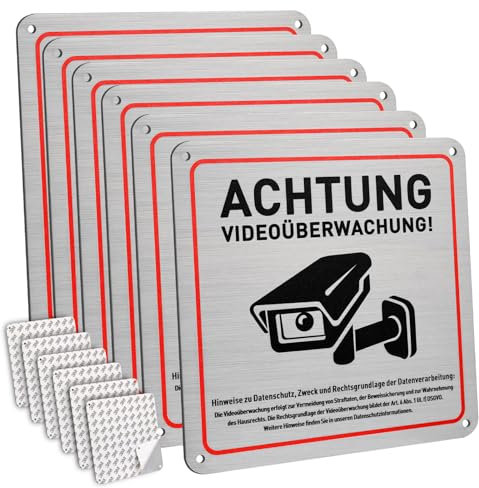 Luxoraiova 6 Stück Schild Videoüberwachung privatgrundstück, 15 x 15 cm Aluminium Aufkleber Videoüberwachung mit Selbstklebend und 4 Bohrlöcher, Achtung Videoüberwachung Schild für Innen und Außen