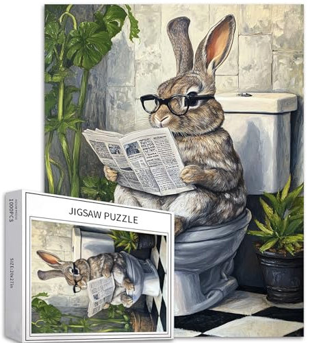 Kaninchen-Lese-Zeitung, Puzzle für Erwachsene, Kaninchen, sitzend auf Toilette, Kunst-Puzzle, herausfordernde Familienaktivitäten, buntes Bastelpuzzle für Heimdekoration, Geschenke, 50 x 70 cm, 1000