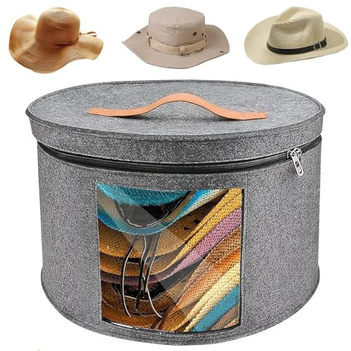 Hachera Caja De Almacenamiento Para Sombrero, Cajas Para Sombreros Con Tapas, Portátil Viaje Sombreros Guardar, Caja Organizadora de Sombreros de Viaje Redonda Plegable(Gris Medio)