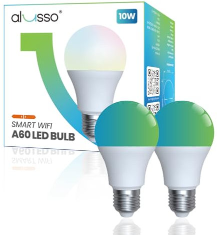 ALUSSO Smart Glühbirne E27, WLAN LED Lampe RGB und Warmweiß-Kaltweiß dimmbare mit 16 Millionen DIY-Farben,10W 800LM Sprachsteuerung Funktionieren mit Alexa, Google Assistant, 2 Stück