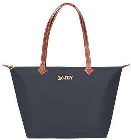 BOJLY Tote Bag Groß Shopper Tasche Damen, Leichte Faltbare Handtasche, Wasserdichte Nylon Schultertasche Damen mit Reißverschluss für Arbeit, Schule, Einkauf, Reisen (Marine blau)