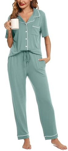 Lovasy Pyjamas for Women Soft Ladies Pyjamas Button Down Pjs for Women Sets Classic Womens Pyjamas Sets Pajamas Loungewear with Pockets,Light Green,L