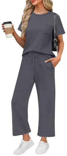 DHYUEN Zweiteiler Damen Elegant Ärmellose/Kurzarm Einfarbige Hosen Mit Weitem Bein Hosenanzug 2 Teilig Mode Leicht Tshirt Und Hose Musselin Hosenanzüge Set Casual Bequem Loungewear Sommer Outfits