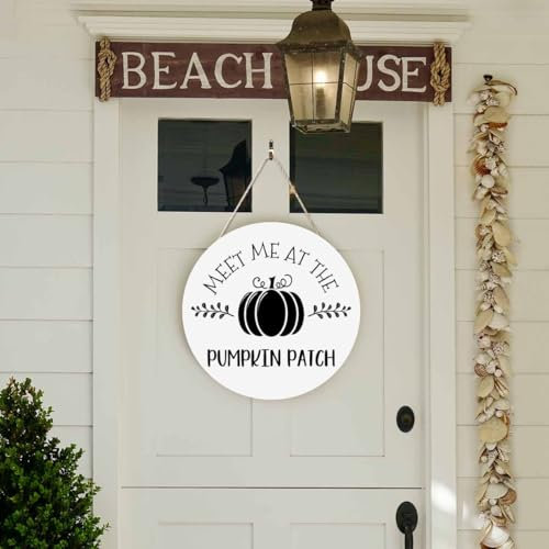 Beabes Welcome Sign Rustic Round Sign Front Door Wreaths Pumpkin Sunflower in Vase for Outdoor Indoor Wall Hanging Decorations 12x12in