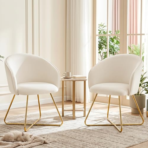 Hellove Chaise de Coiffeuse en Velours avec Pieds en Métal Doré, Lot de 2 Fauteille Salon Rembourré Moderne, Confort Mid-Centry Petit Fauteuil avec Accoudoirs et Dossier pour Salon & Chambre,Beige