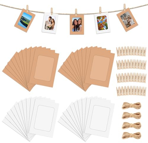 40 Piezas 15x10cm Colgar Fotos con Pinzas con 40 Clips y 4 Cuerdas de Yute | Pinzas de Madera Guirnalda de Fotos, para Colgar, Marcos de Fotos de Papel Kraft para Hogar Colegio Oficina Pared DIY