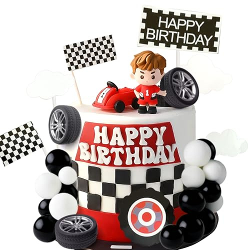 JeVenis Race Car Cake Decorations Car Cake Topper Checkered Flag Cake Topper Growing Up Two Fast Birthday Decor Fast One Fast Three Need Four Speed Birthday Decorations
