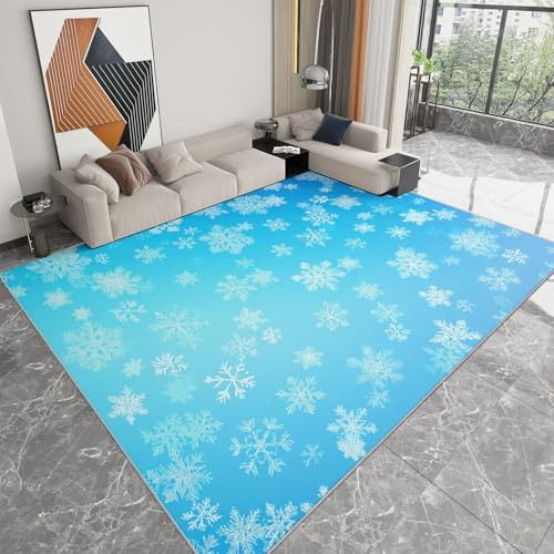 Generisch Anti-Rutsch Teppich Wohnzimmer 80 x 120 cm, Kurzflor Hellblau Teppich Schlafzimmer Waschbar Teppiche Teppichen für Kinderzimmer, Schneeflocken Weihnachten Muster Teppiche, Vier Jahreszeiten