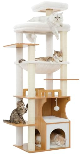 Gitelsnour Kratzbaum Holz für Erwachsene große Katzen mit 2 Höhlen GCT102WB | Katzenbaum stabil 180 cm für den Innenbereich und Maine Coon, mit 2 großen Plattformen, Hängematte, Kratzsäulen, Nussbaumholz