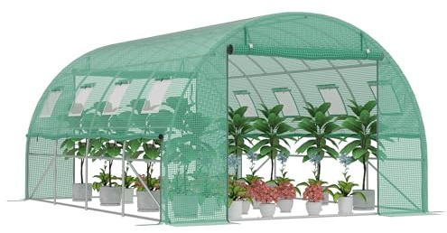 HENGMEI Serre de jardin en film galvanisé - 4 x 3 x 2 m - Avec porte tunnel et film grillagé - Pour jardin, culture de plantes, toit bombé - Vert