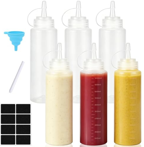 6 Pack 1000 ml Plastic Squeeze Condiment Bottles with Twist On Cap Lids | Measurement Scales, 33 oz Wide Mouth, for Sauce, Ketchup, Paint, BBQ,Oils