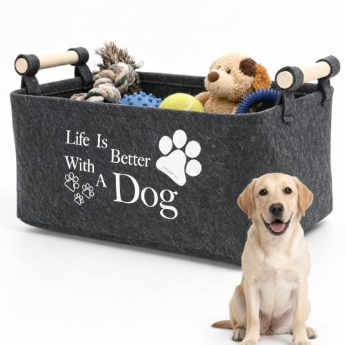 XIAOjnHONG Dog Toy Box Storage Basket, Collapsible Dog Toy Box Organiser | Fabric, with Wooden Handles Personalised Pet Supplies Storage Basket for Toys Clothes Accessories