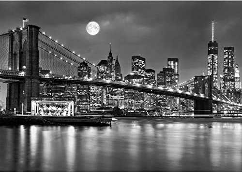 Runa Art Papier peint intissé 396 x 280 cm Brooklyn Bridge nuit | Toison Décoration Murale Salon Chambre á Coucherr | Fabrication Allemande | Noir et blanc 9101012b