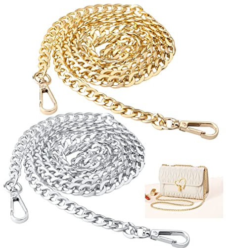 2 pcs Bag Chains, Gold Handbag Chain Purse Chain Straps Sliver Metal Replacement Chain DIY Handbag Straps for Purse Handbags Shoulder Bag