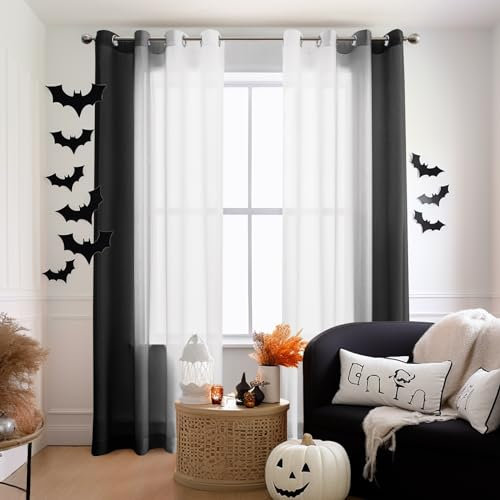 Melodieux Schwarze Ombré-Vorhänge, transparent, 24 cm lang, für Wohnzimmer, Leinenoptik, Weiß/Schwarz, Farbverlauf, Voile-Vorhänge, 132 x 244 cm, 2 Vorhänge