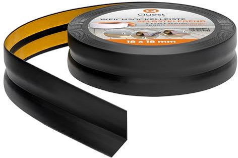 Quest Plinthe Souple Autoadhésive - 18 mm x 18 mm - Plinthe en PVC de finition pour cuisine, salle de bain - Flexible, Etanche, Décorative, Résistant aux UV - 5 mètres, Noir
