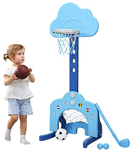 COSTWAY Basket per Bambini Centro attività Multifunzione - Palla Canestro, Calcio e Golf, Mazza da Golf e Palle incluese, per Bambini, Altezza Regolabile (Nuvola Azzurra)