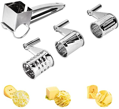 Moulin Râpe à Fromage Rotative, Moulin à Râpe Fromage à Main Professionnel en Acier Inoxydable avec 3 Différents Lames du Tambour pour Fromages au Chocolat aux Légumes