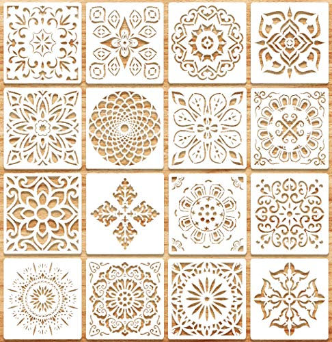WJMY Mandala Schablone Wiederverwendbare Dotting zum Airbrush Schablonen Wandgestaltung Malen auf Holz, Stein, Stoffen Metall Möbeln und Wandschablone 16 Stück (15 cm x 15cm)