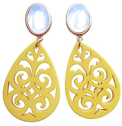 Leichte sehr große Ohrstecker Ohrringe vergoldet Stein silbrig glänzend Anhänger riesig gelb Hingucker Eyecatcher Statement Party Fest Designer JUSTWIN
