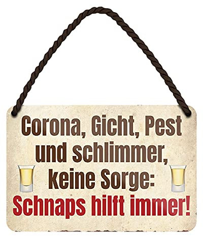 Schnaps hilft immer - witziges Metallschild mit Kordel und Saugnapf - lustiges Schild für Schnapstrinker - Deko für Küche Restaurant Wirtshaus Biergarten Kneipe Pub Bar Kellerbar Hausbar - 18x12cm