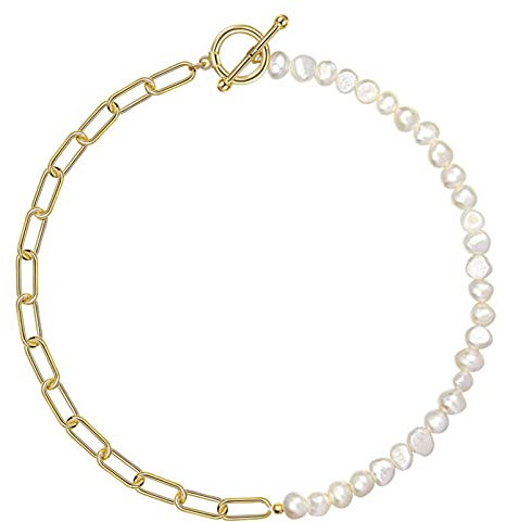 HMOOY Perlenkette, halbe Kette, halbe Perle, vergoldet 18 K, Halskette, Perle und Gold, Halskette, Posaune, Kette mit kubanischen Gliedern, mit Perle, trendiger Schmuck für Damen und Herren, Metall,