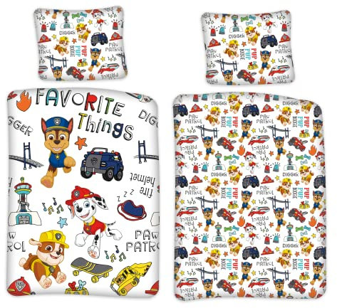 BrandMac Paw Patrol Bettwäsche 135x200 80x80 „Favorite Things“ – 100% Baumwolle Renforce - Kinderbettwäsche zum Wenden von Paw Patrol mit Kopfkissen- und Bettdeckenbezug