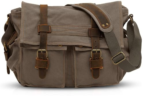 VARLIVOO Umhängetasche für Herren, Vintage Canvas Schultertasche Messenger bag, Große 15 Zoll Laptoptaschen Arbeitstasche für Arbeit Reisen Schule Armeegrün