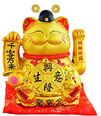 Große Keramik Maneki Neko, Japanische Glückskatze mit Winkendem Arm, Zwei Stromversorgungsmethoden Handgefertigt, für Shop Home Car Feng Shui Decor