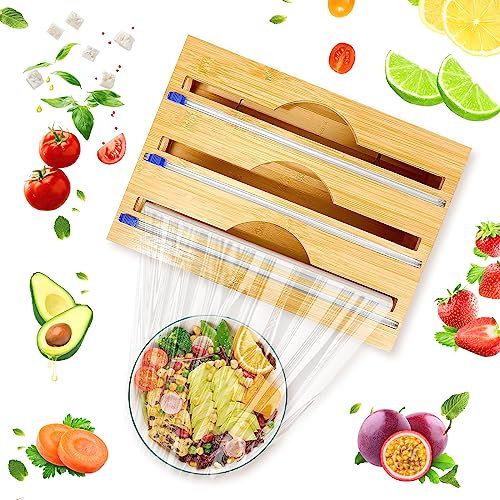 3-in-1 Bamboo Wooden Foil Dispenser with Cutter, Storage Organizer for Aluminum Foil, Cling Film, Parchment Paper, Tin Foil Dispenser for Kitchen Cabinet Drawer, Compatible with 12 or Lower Roll