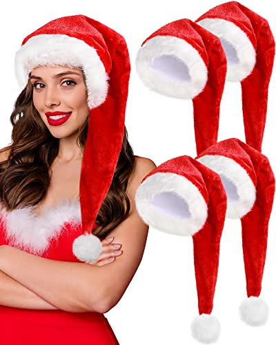 Geyoga 4 Stück Weihnachtsmütze Samt Nikolausmütze für Erwachsene Lange Weihnachtsmütze für Jungen Mädchen Party Mitgebsel (Rot, Lebhafter Stil)