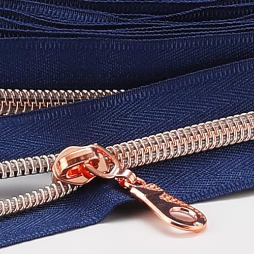Sawoake 9m Bulk Zipper, (#5) Reißverschlüsse zum Nähen, NavyBlue Nylon Coil Zipper mit Rose Gold zähnen, Ersatz Nähreißverschluss mit 20PCS Reißverschluss Sliders(#5 NavyBlue Rose Gold)