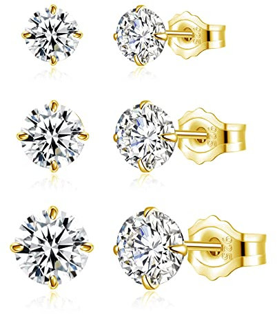 Loutade 925 Sterling Silber Ohrstecker Set - 3 Paare Gold Damen Ohrringe, Hypoallergen Unisex Klein Schlafen Knorpel Ohrringe Mit Zirkonia in 3/4/5mm