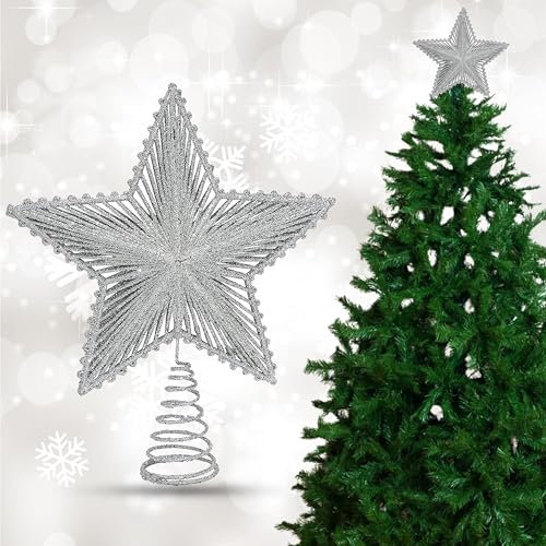 Silver Glitter Star for Christmas Tree 25cm (H) - Sparkling Star Decoration for Holiday Decoration, TreeTop Star for Xmas Trees, Festive Party Decoration