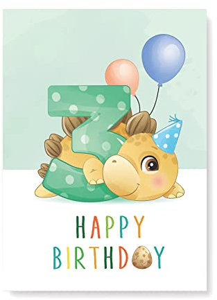 Friendly Fox Geburtstagskarte für Kinder 3. Geburtstag, 1x DIN A5 Dino Glückwunschkarte zum Kinder Geburtstag, Happy Birthday Karte mit Umschlag