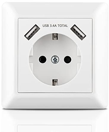 Kaifire USB Steckdose, Unterputz Steckdose mit USB Ladegerät Anschluss (Max. 3.4A) System 55 Reinweiß Glänzend Schuko Wandsteckdose mit Rahmen Passent in Standard Unterputzdose