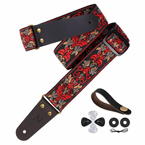 Nefelibata Gitarrengurt, 2 bestickte Gitarrengurte, Vollnarbenlederenden mit unsichtbarer Tasche, für Bass-, Elektro- und Akustikgitarren, kostenlose Schnalle, Gurtschloss und Plektren
