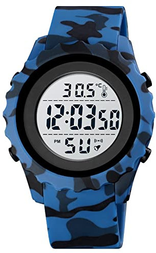 FeiWen Unisex Sport Digital Uhren Herrenuhr Damenuhr Elektronik Thermometer Stoppuhr Doppelte Zeit Alarm Outdoor Multifunktional Wasserdicht Plastik Armbanduhren (Weiß Blau Camo)