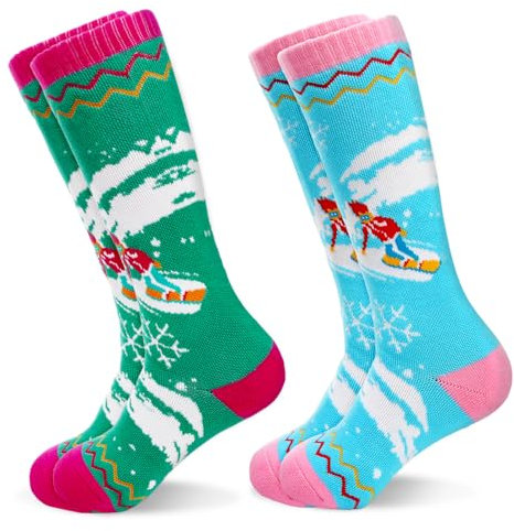 GRPSKCOS Jungen Skisocken, 2 Paar warme dicke Schneesocken für Kinder Mädchen Kleinkind Winter Skifahren Snowboarden(02 Rosa Blau+Rosa Grün,3-6 Jahre)