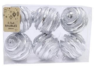6 Pcs x 80 mm Christmas Tree Decoration, Baubles, Ornaments Shatterproof Balls for Xmas Hanging Decorations Angel Shiny,Matte,Glitter Decorated Baubles - Silver Glitter Swirl