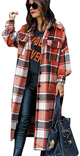 Yming Frauen Winter Oversize Casual Mantel Revers Kragen Farbblock Plaid Lange Ärmel Mantel Orange M
