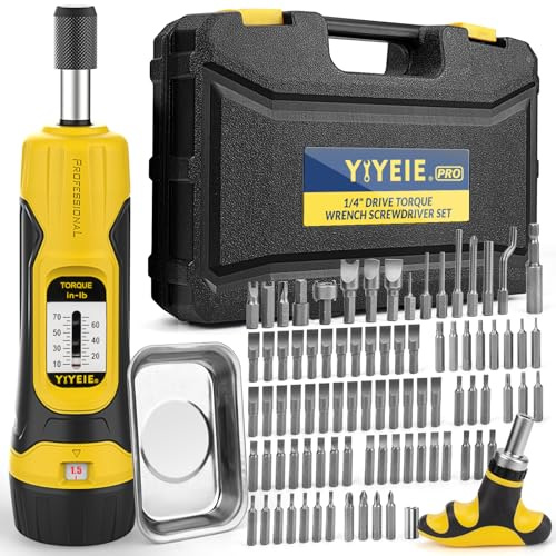 YIYEIE 90Pcs Master Torque Screwdriver Set, 10-70 in.LB, Inch Pound Torque Screw Driver with S2 Bits, Includes Flat, Hex, Torx, and Phillips Bits, T-BAR Ratchet Wrench, All in One Torque Tool Kit