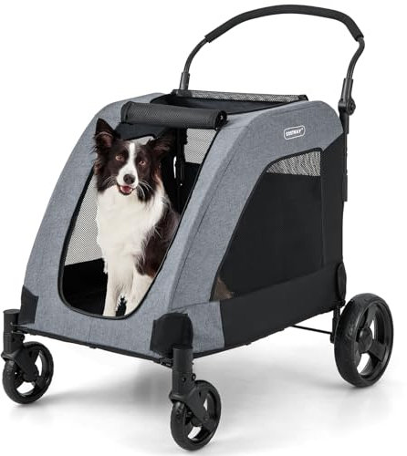 COSTWAY Poussette pour Chien Pliante, 67 x 98 x 64 cm, Poussette Buggy pour Chien Chat avec Fenêtre en Maille, Chariot Portable à Roulettes avec Poche de Rangement et Poignée Réglable, Charge 60KG