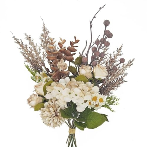Peauley Piccoli fiori finti artificiali in seta per composizioni autunnali da tavola, bouquet autunnali con rose, denti di leone, ortensia, margherite, eucalipto, agrifoglio (marrone)