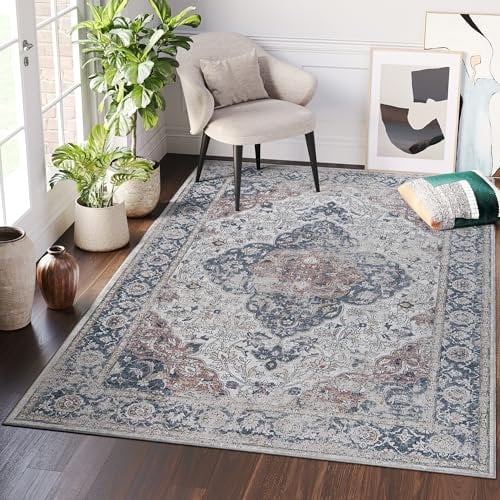 TAPISO Ritz Teppich Kurzflor Blau Creme Mehrfarbig Vintage Ornament Waschbarer Teppich rutschfest Wohnzimmer Schlafzimmer Küche ÖKO-TEX 80 x 150 cm