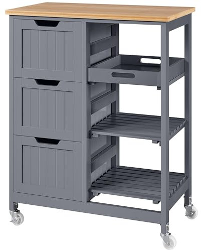 Yaheetech Carrito de Cocina 4 Ruedas Carro de Almacenamiento con 3 Cajones y 3 Estantes Carrito de Servicio de Madera 67 x 37 x 84,5 cm Gris Oscuro