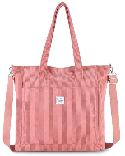 VASCHY Tote Bag, Grande Borsa Donna Università in Velluto a Coste per Mare, Viaggio, Shopping, Lavoro, Ufficio, Scuola - Rosa Regalo