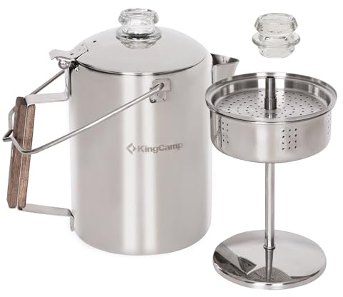 KingCamp Percolator Coffee Pot,304 Stainless Steel with Wood Handle,9 Cup | No Aluminum or Plastic,Wood Handle,Campfire Coffee Boiler Kettle for Outdoor Camping Cookware,Cabin,Backpacking